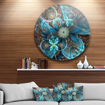 Fractal Blue Flowers - Floral Large Metal Circle Wall Art